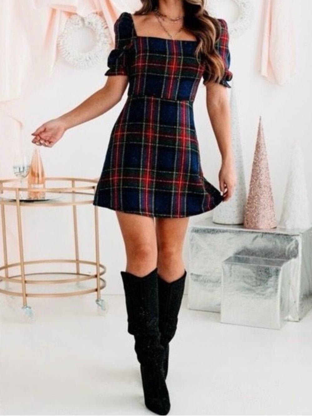 FORE Square-Neck Plaid Mini Dress in Navy and Red